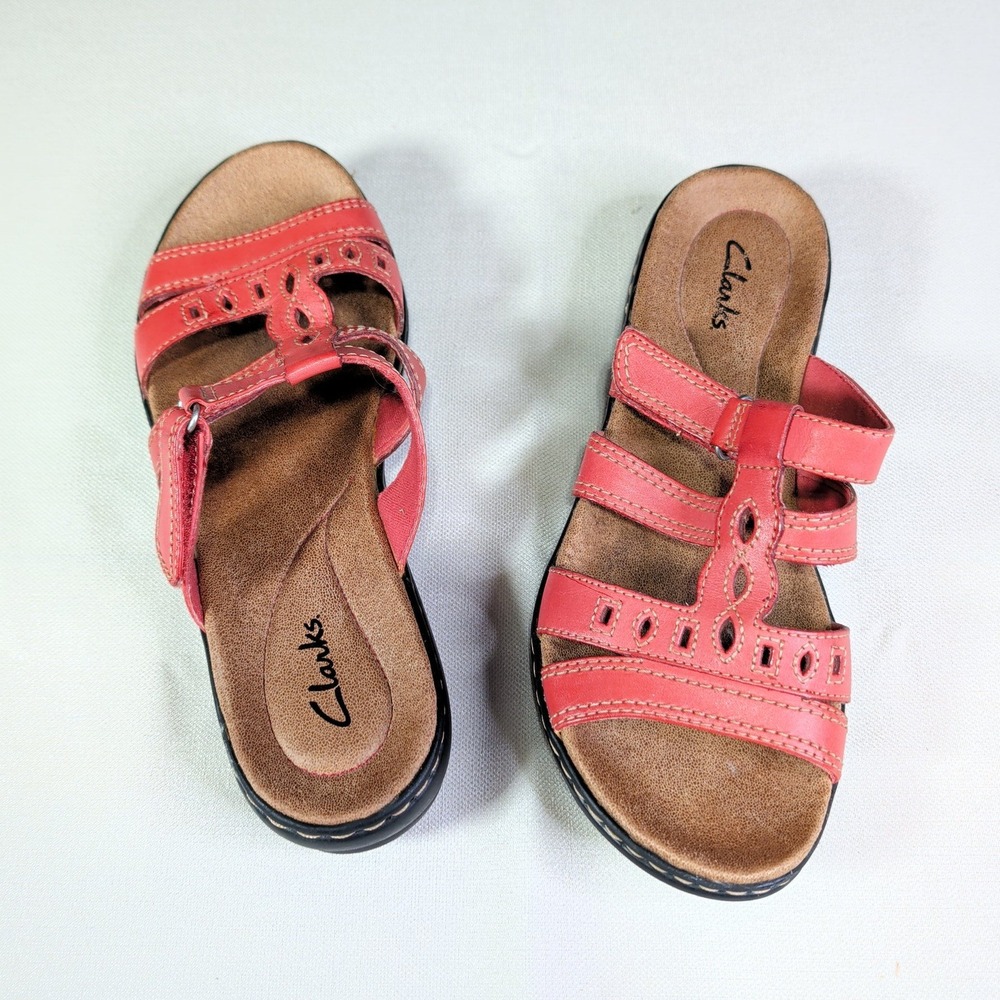 Clarks Womens Leisa Coral Red Leather Strappy Slide Sandals Laser Cut Details 8M